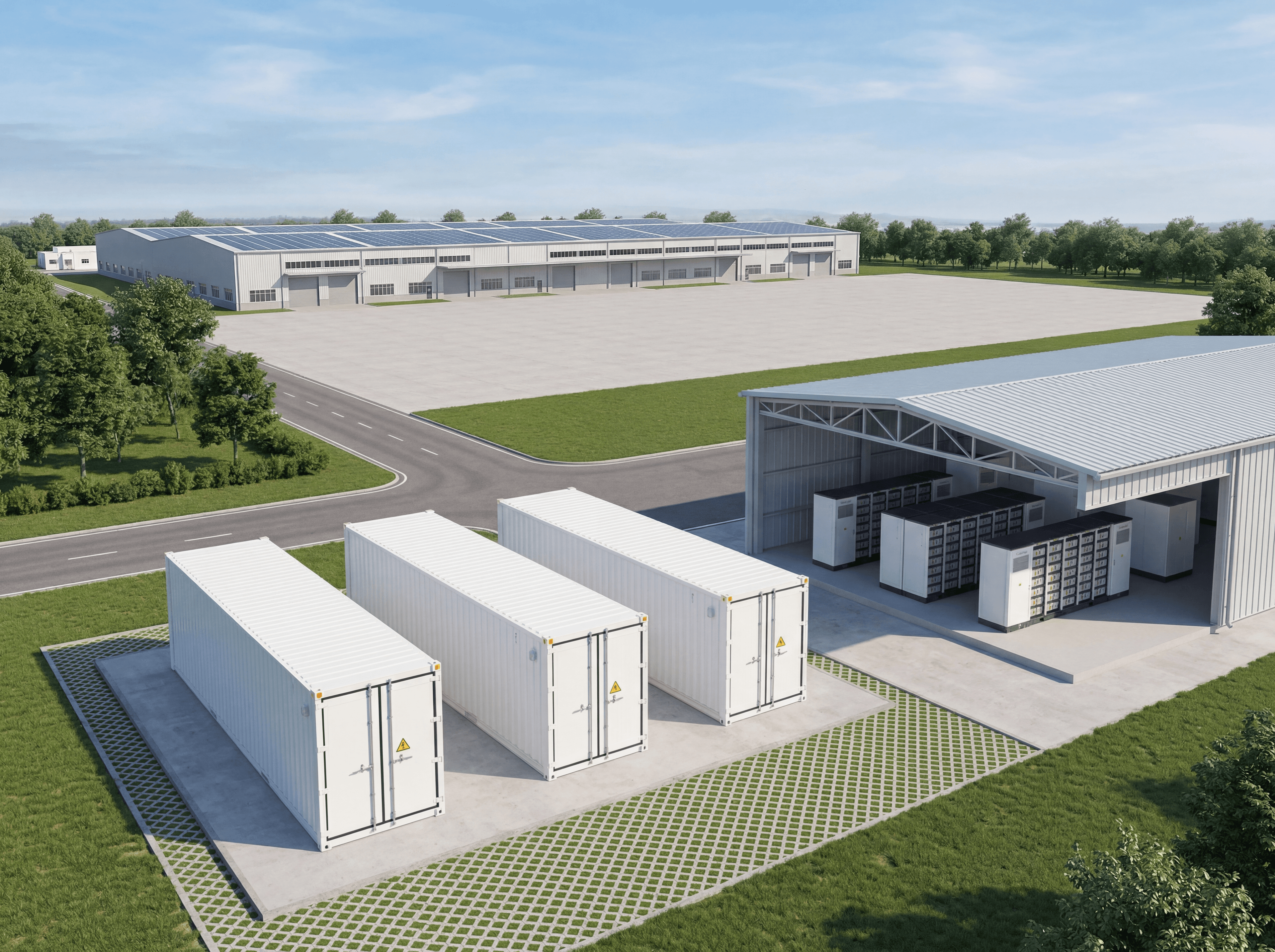 Outdoor und Indoor Batteriespeichersysteme an einem Industriestandort